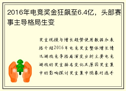 2016年电竞奖金狂飙至6.4亿，头部赛事主导格局生变